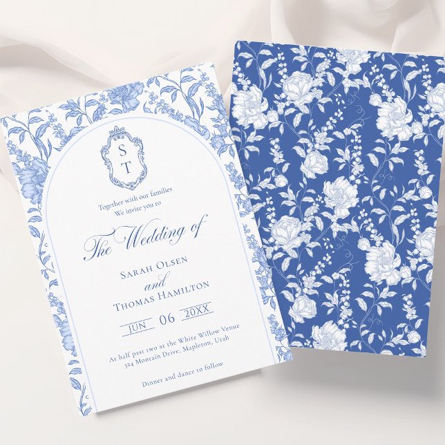 Delft Blue Floral Chinoiserie Monogram Wedding Einladung (Von Creator hochgeladen)