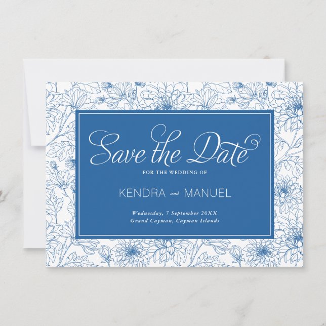 Delft Blue Floral Chinoiserie Toile Hochzeit Save The Date (Vorderseite)