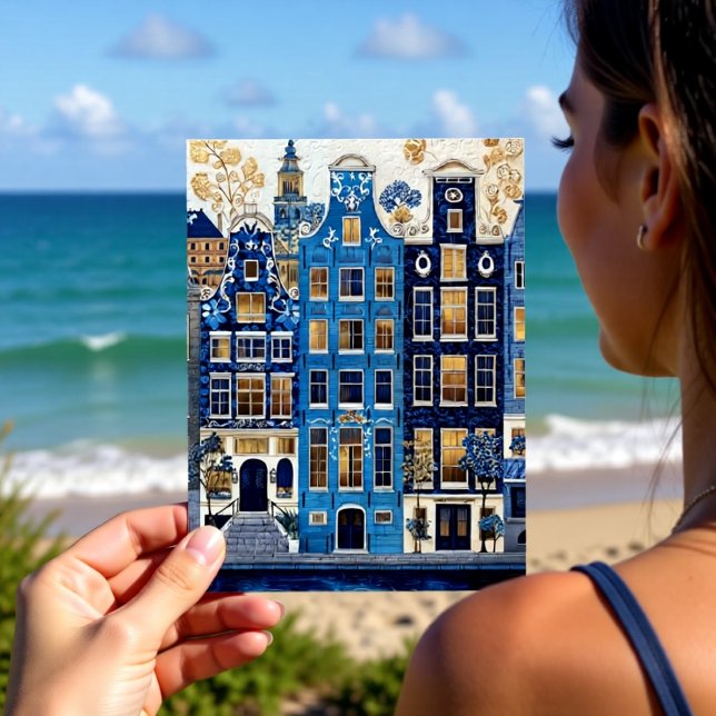 Delft Blue Gilded Cityscape Postkarte (Von Creator hochgeladen)
