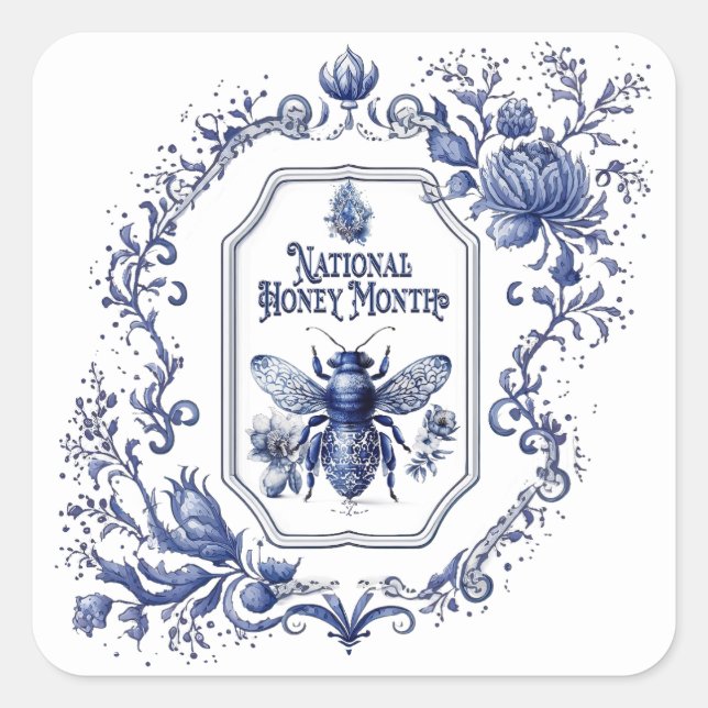 Delft Blue Honey Bee & Blume Quadratischer Aufkleber (Vorderseite)