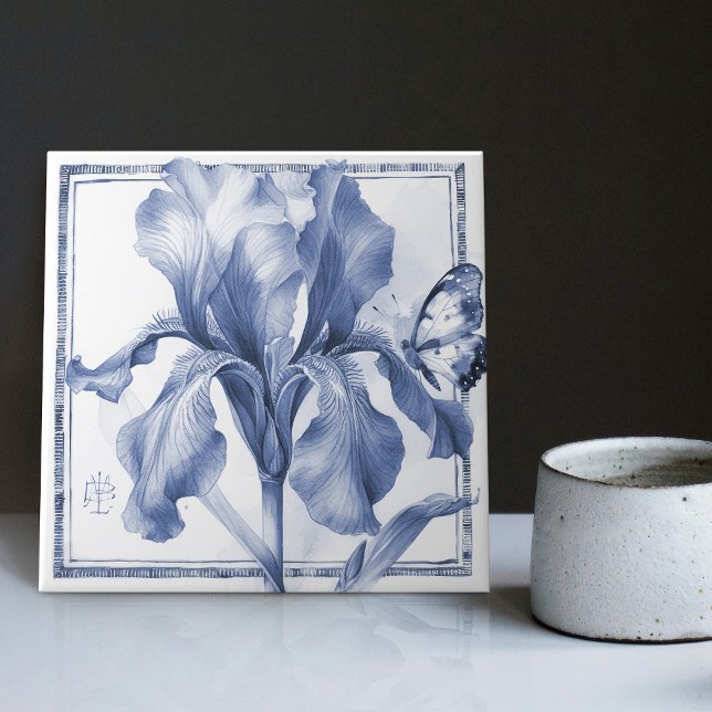Delft Blue Iris Watercolor im Jugendstil Fliese (Von Creator hochgeladen)