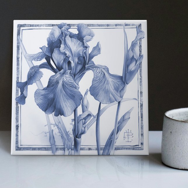 Delft Blue Iris Watercolor im Jugendstil Fliese (Von Creator hochgeladen)