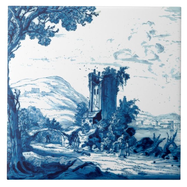 Delft Blue Landscape & Figures Antique Print Fliese (Vorderseite)