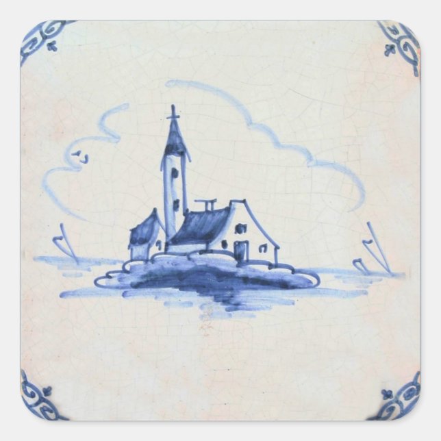 Delft Blue Tile - Kirche Quadratischer Aufkleber (Vorderseite)