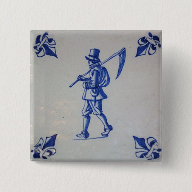 Delft Blue Tile - Rasenmäher, der Scythe oder Sich Button (Vorderseite)