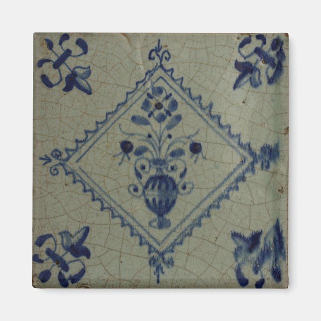 Delft Blue Tile - Vase mit Blume und Bouquet Pi Magnet (Vorne)