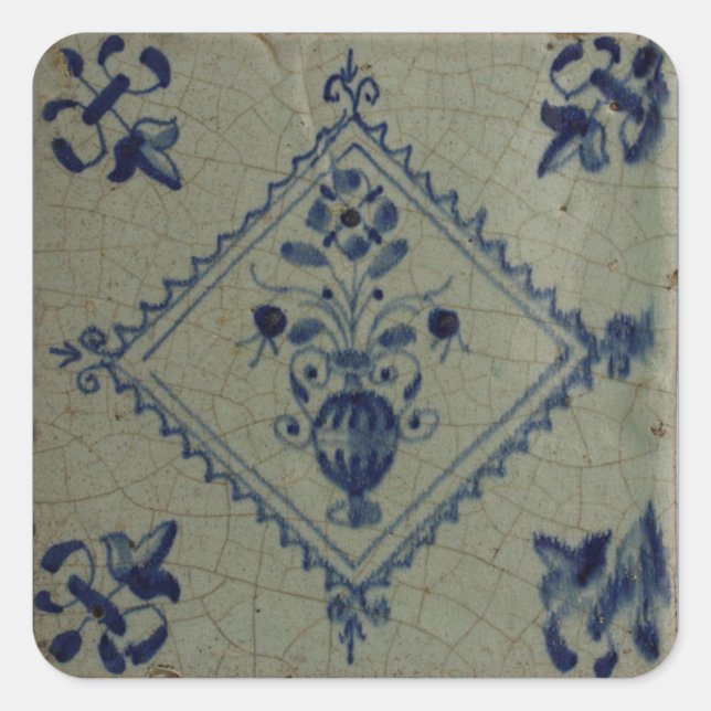 Delft Blue Tile - Vase mit Blume und Bouquet Quadratischer Aufkleber (Vorderseite)