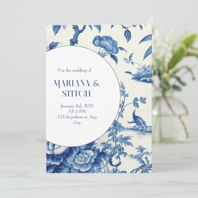 Delft Blue und White Chinoiserie Wedding Einladung (Stehend Vorderseite)