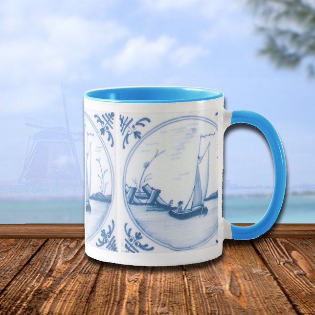 Delft Blue und White Sailboat Tasse (blue white vintage sailboat coffee mug)
