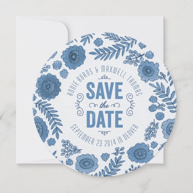 Delft Blue Watercolor-Blume Save the Date (Vorderseite)