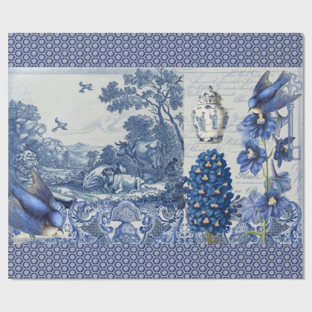 Delft Blue White Blume Bird Collage Decoupage Geschenkpapier (Flach)