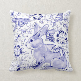 Delft Blue White Bunny Rabbit Birds Dedham Elegant Kissen