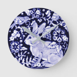 Delft Blue White Bunny Rabbit Birds Dedham Elegant Runde Wanduhr