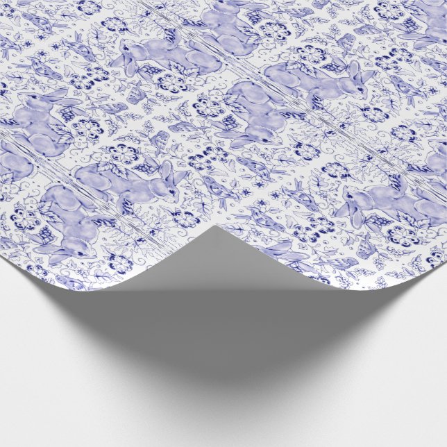 Delft Blue White Bunny Rabbit Birds Dedham Osterta Geschenkpapier (Ecke)