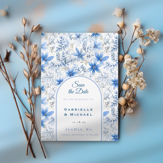 Delft Blue White Chinoiserie Blumenmuster Save The Date (Von Creator hochgeladen)