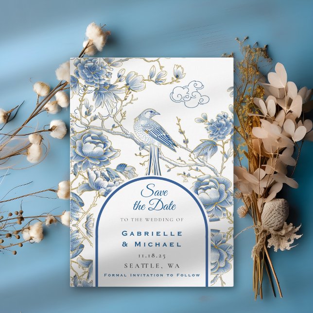 Delft Blue White Chinoiserie Porcelino Bird Save The Date (Von Creator hochgeladen)
