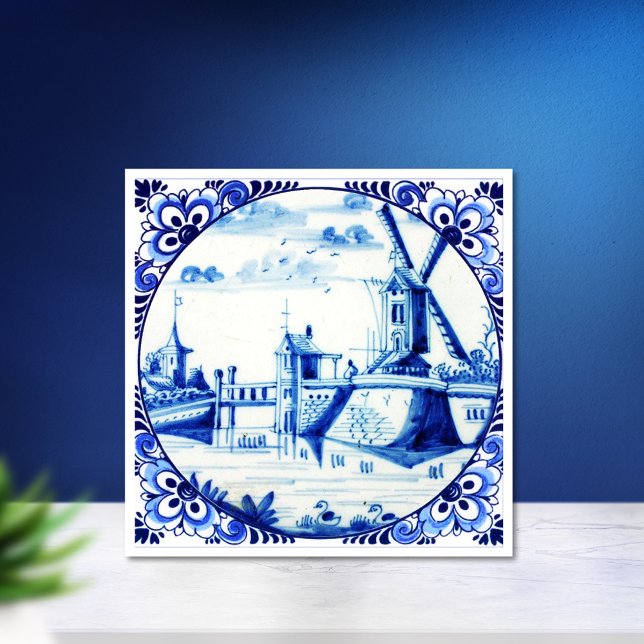 Delft Blue Windmill Bridge and Waterways Fliese (Von Creator hochgeladen)