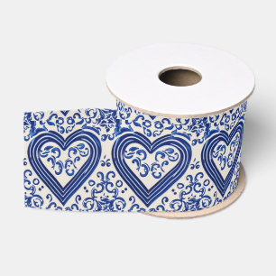 Delft China Stil Blaue Herzen - Vintage Bemalt Ripsband