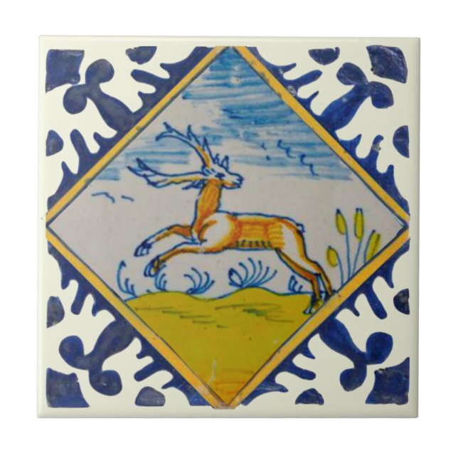 Delft Deer Deer Handgemalt Reproduction Fliese (Vorderseite)