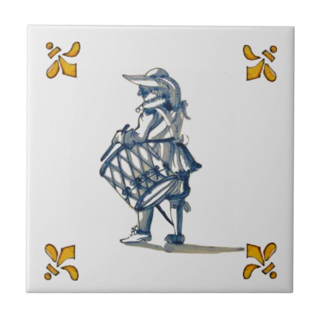 Delft Drummer Tile c 1890 in Blau, Grau und Gelb Fliese (Vorderseite)