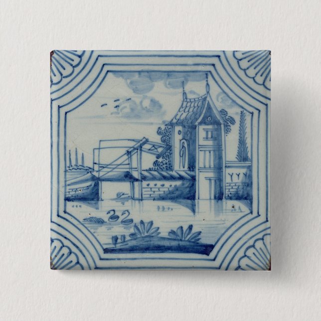 Delft-Fliese, die einen Drawbridge über einem Button (Vorderseite)