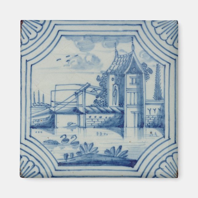 Delft Kachel zeigt eine Zugbrücke über einen Kanal Magnet (Vorne)