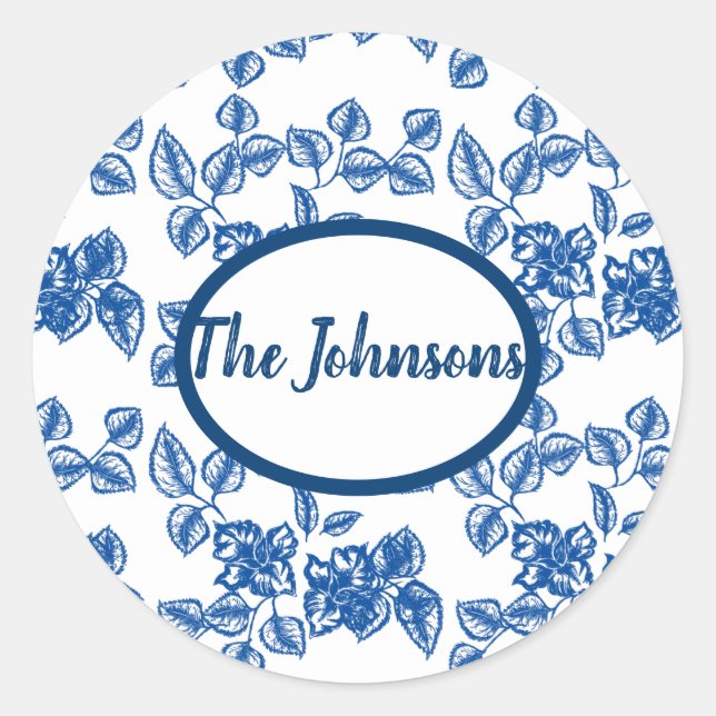 Delft-LIke Blue Floral Print Runder Aufkleber (Vorderseite)