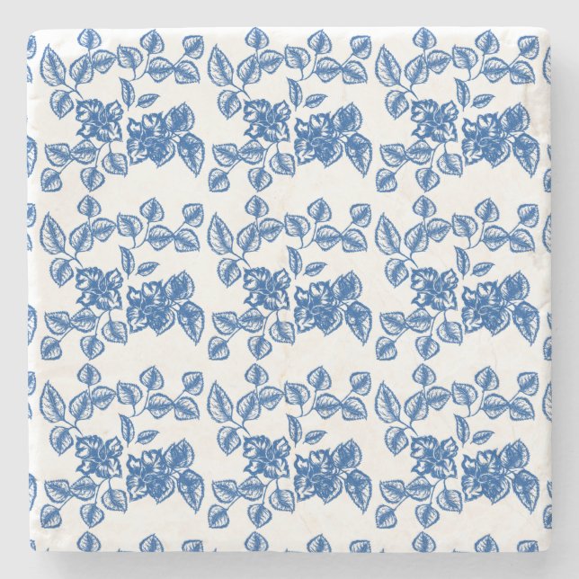 Delft-LIke Blue Floral Print Steinuntersetzer (Vorderseite)