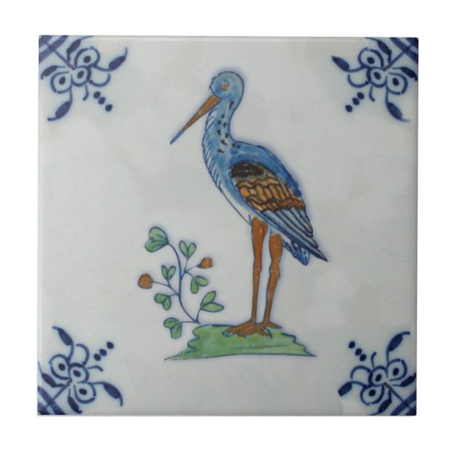 Delft Polychrome Stork aus dem 18. Jahrhundert? He Fliese (Vorderseite)
