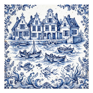 Delft Stadt & Fischereihafen Kobaltblau Weiß Fotodruck
