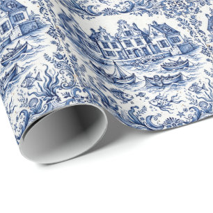 Delft Stadt & Fischereihafen Kobaltblau Weiß Geschenkpapier