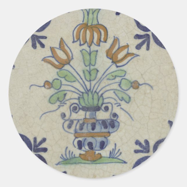 Delft Tile Antique Keramik Blume Pot Runder Aufkleber (Vorderseite)