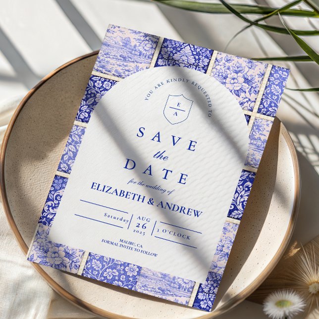 Delfter Blau-Patchwork-Porzellan-Hochzeit Save The Date (Von Creator hochgeladen)