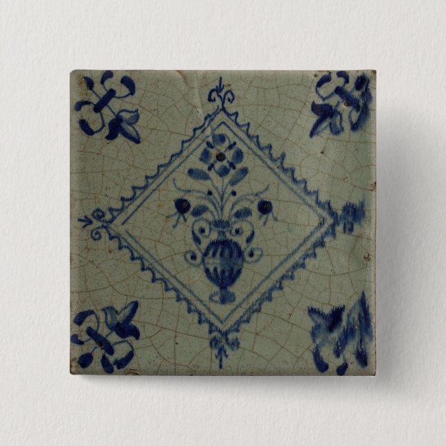 Delfter Blaue Fliese - Vasen mit Blumen und Blumen Button (Vorderseite)
