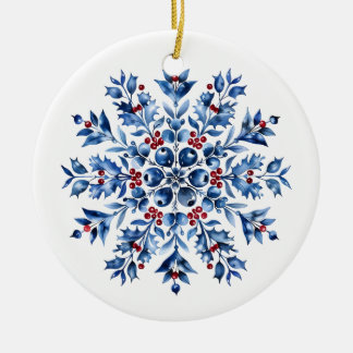 Delfter Blauwe Stechpalmen-Beeren-Schneeflocken-We Keramik Ornament