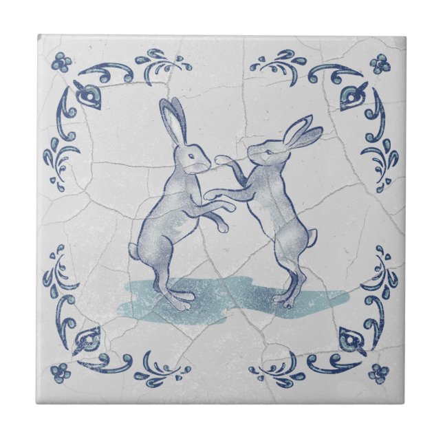 Delfter Boxer-Hasen-Keramikfliese Fliese (Vorderseite)