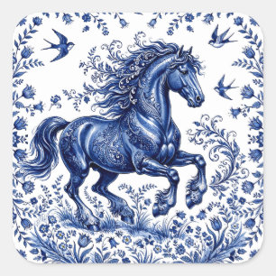 Delfter Delftware-Stil Friesenhengst auf der Wiese Quadratischer Aufkleber