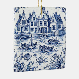 Delfter Stadt & Fischereihafen Kobaltblau Weiß Keramikornament
