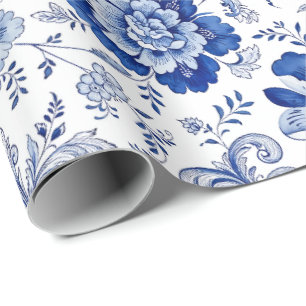 Delfter Stil Blau-Weiße Blüten Fantasievolle Fanta Geschenkpapier