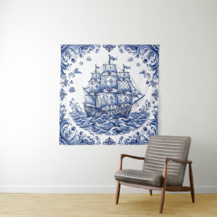 Delfter Stil Blau-Weißes Handelsschiff Wandteppich