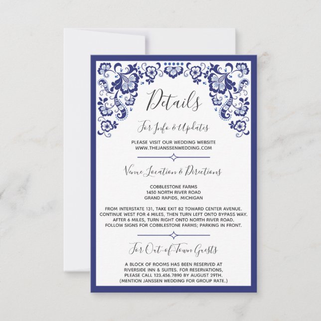 Delfts Blauw | Delft Blue Dutch Wedding Details Einladung (Vorderseite)