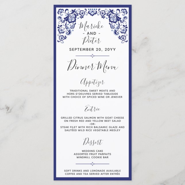 Delfts Blauw Delft Blue Dutch Wedding Dinner Menu Menükarte (Vorderseite)