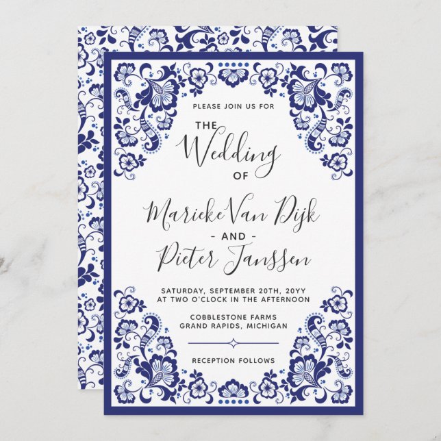 Delfts Blauw | Delft Blue Dutch Wedding Einladung (Vorne/Hinten)