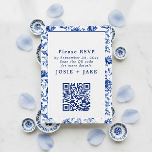 Delftware-inspirierte blaue Floral-RSVP mit QR-Cod Begleitkarte