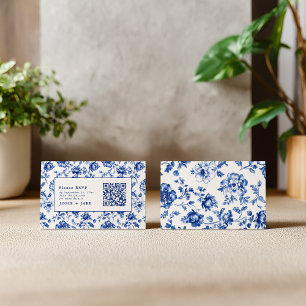 Delftware-inspirierte blaue Floral-RSVP mit QR-Cod Begleitkarte