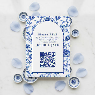 Delftware-inspirierter blauer Blumen-RSVP-QR-Code Begleitkarte