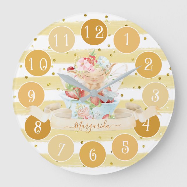 Delicate Baby Fairy and Strawberry Large Clock Große Wanduhr (Vorderseite)