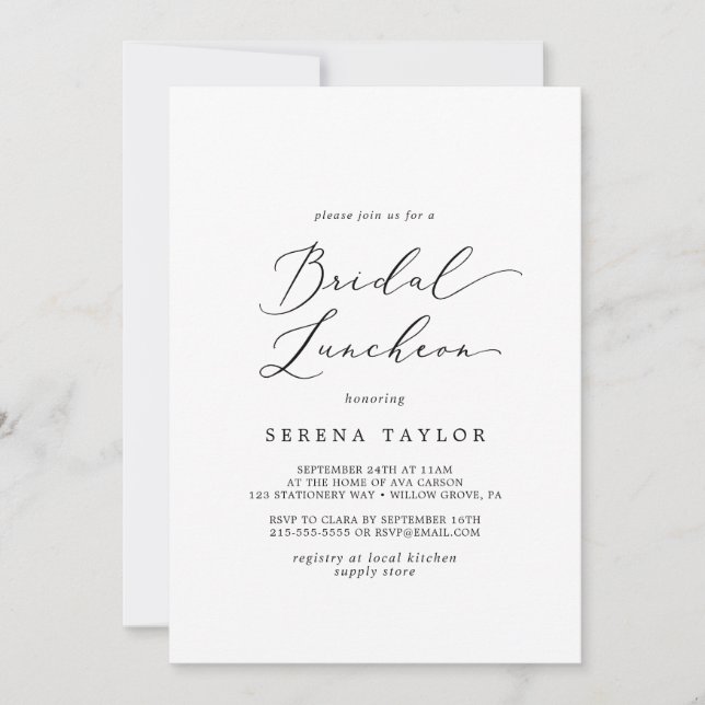 Delicate Black Calligraphy Bridal Luncheon Einladung (Vorderseite)