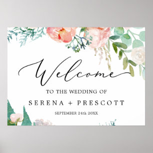 Delicate Black   Romantic Peony Wedding Welcome Poster