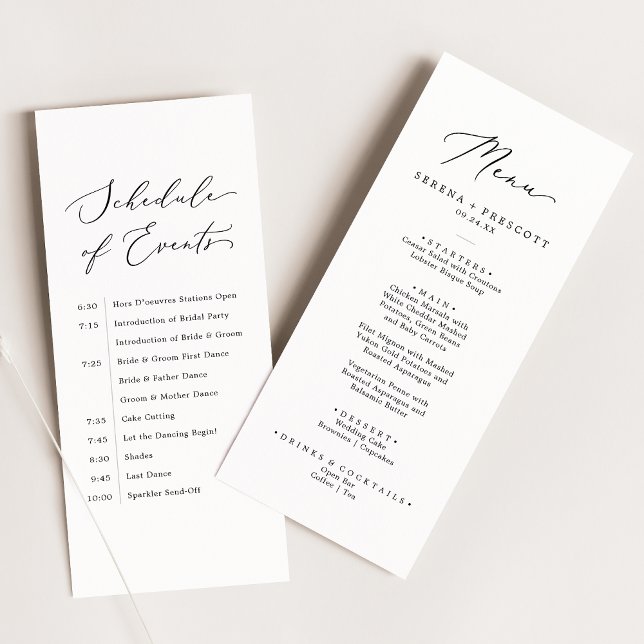 Delicate Black Wedding Menu and Schedule of Events Menükarte (Von Creator hochgeladen)